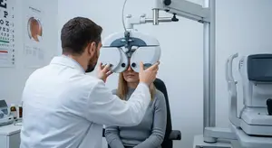 A man optometrist adjusting a woman's eye exam machine