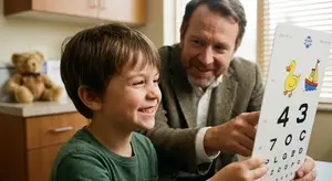 A man and a young boy are looking at an eye chart with numbers and letters on it