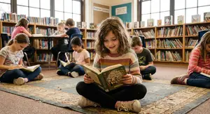 A group of children are sitting on the floor in a library, reading books.