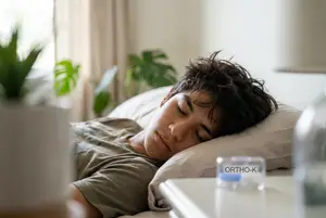 Young man sleeping peacefully in a room with plants and a nightstand with a water bottle.