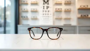Pair of eyeglasses on a table inside a store with a blurred background