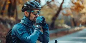 A man wearing a helmet and sunglasses is riding a bicycle on a road with trees on both sides.