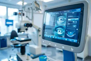A monitor displaying an eye image is attached to a medical device in a hospital room.