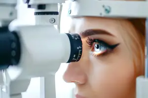 A woman is undergoing an eye examination with a medical device in an indoor setting.