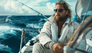 A man with a beard wearing sunglasses is sitting on a boat holding the steering wheel