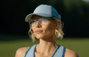 A woman wearing a blue cap and glasses is standing in a grassy field.