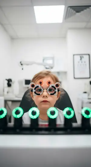 A young girl wearing eye exam goggles with green lights in an eye doctor's office