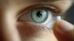 Close-up of a person adjusting a contact lens in their eye.