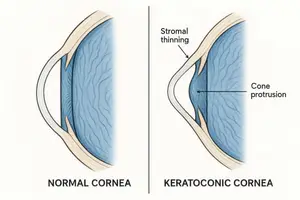 Diagram showing a normal cornea and a keratoconic cornea with labels