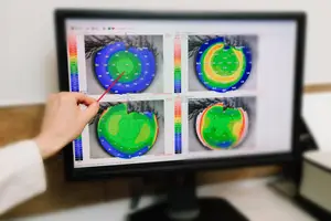 A doctor reviewing an eye scan on a computer monitor with a red marker pointing at a specific area