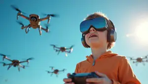 A young boy wearing goggles and headphones is holding a remote control and looking at several drones flying in the sky.