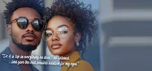 A man and a woman with sunglasses are posing for a photo with a building in the background and a quote saying Dr. H is top in everything he does, he listened and gave the best possible solution for my eyes.