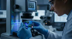 Scientist examining a petri dish with a microscope in a laboratory