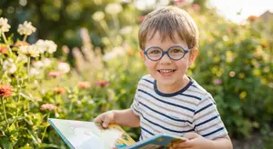 A young boy with glasses is smiling and holding a book in a garden.