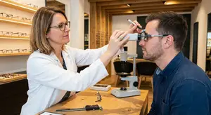 woman in lab coat adjusting the lenses of a man's glasses