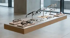 An optical shop with a wooden table showcasing a collection of glasses, each mounted on a stand against a backdrop of a gray wall with glass doors.