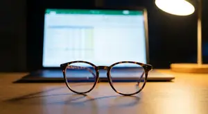 Eyeglasses sit on a desk in front of a computer screen