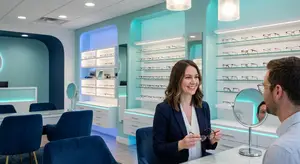 A woman is holding a pair of glasses while smiling and looking at a mirror. Behind her is a desk with a mirror and glasses frames on display. A man is looking at her from the other side of the mirror.