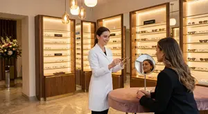 A woman with a white lab coat and glasses is assisting a customer in an optical shop