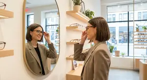 A woman is looking at herself in a mirror in a store with glasses on.