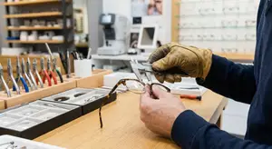 A person is adjusting a pair of glasses in a shop