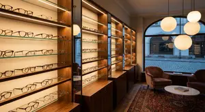 A close up of a display of glasses in a shop