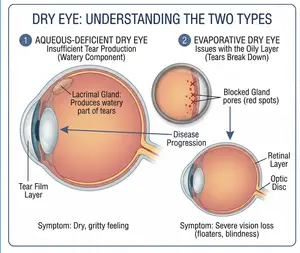 Diagram illustrating the two types of dry eye: Aqueous-Deficient Dry Eye and Evaporative Dry Eye.