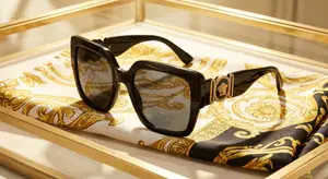 A pair of black Versace sunglasses with gold accents on a gold-framed display case with a patterned cloth beneath it.