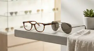 A pair of sunglasses and a pair of glasses are on a table next to a potted plant.