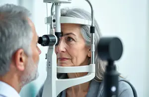 An older woman having her eye examined by a doctor in a white coat