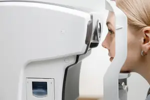 A woman using an eye exam machine