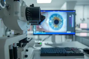 An image of a microscope on a table with a computer screen showing an eye in a laboratory