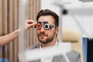Man adjusting a pair of red and white eye test glasses