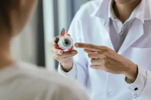 A medical professional wearing a white lab coat points to a model of a human eye while explaining something to a patient.