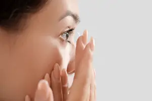 Close up of a woman adjusting her contact lens with her finger