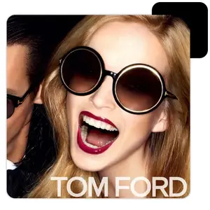 Image of a blonde woman with round sunglasses, wearing red lipstick, with the Tom Ford logo below her head