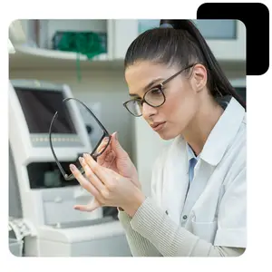 A female optometrist in a lab coat is examining a pair of glasses.