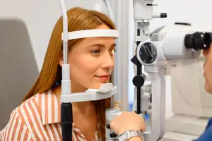 A woman with red hair is getting her eyes checked by an optometrist using an eye exam machine.