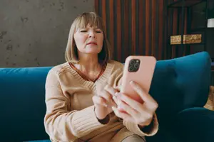 A woman sitting on a blue couch and holding a pink phone in her hands.