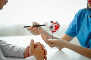 An ophthalmologist holding a model of an eye, talking to a patient