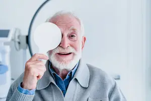 An elderly man is smiling while holding a mirror in his right hand and looking at his left eye. He is probably in a room that seems to be a clinic.
