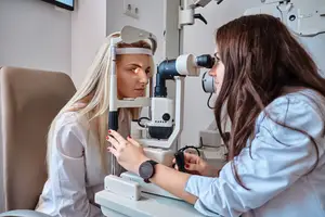 A woman with blonde hair is having her eyes checked by a doctor in a lab coat in a medical clinic.