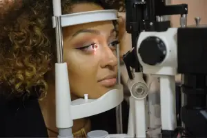 A woman with curly hair looking into a medical device for eye examination