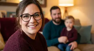 A woman wearing glasses smiles at the camera while sitting next to a man and child on a couch.