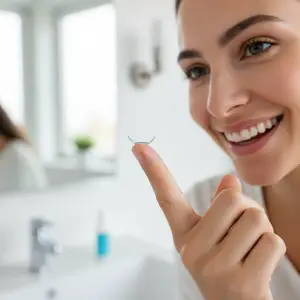Woman holding a contact lens in her finger and smiling