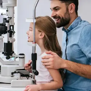 A girl is having her eyes checked by an eye doctor in a blue shirt
