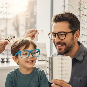 A man and a young boy try on glasses at an optometrist's office