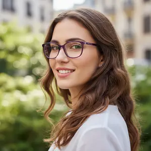 A smiling woman with brown wavy hair wearing purple glasses in a garden
