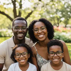 A family of four smiling and wearing glasses in a park with a blurred background of trees and flowers.