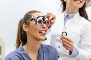 A woman wearing an ophthalmoscope and smiling at a doctor examining her eyes